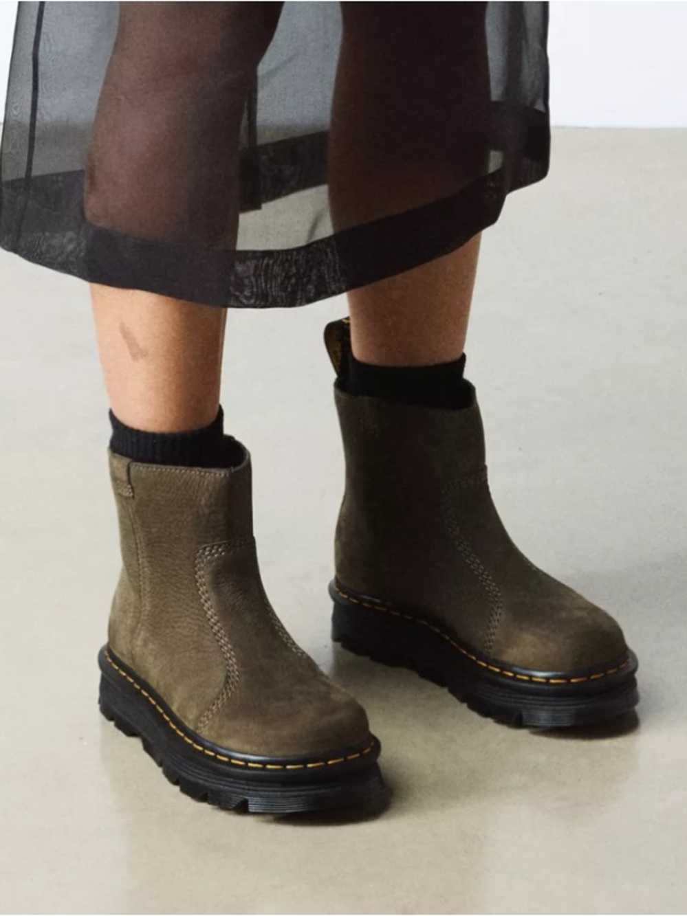 Dr. Martens Zebzag Rigger Slip-On Nubuck Platform Boots in DMS Olive US 9/ EU 41